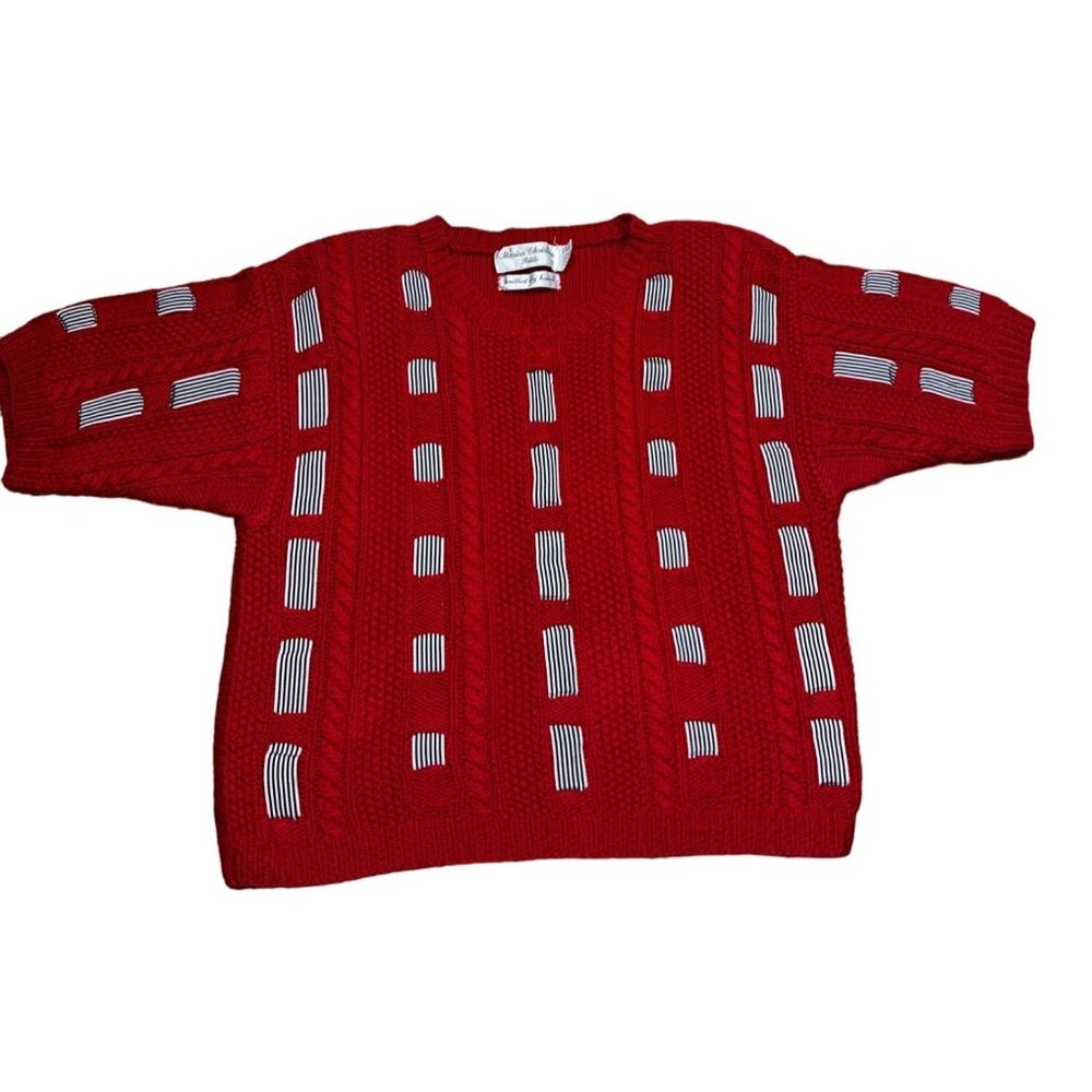 Vintage Marisa Christina Petite Hand-Knitted Red Sweater With‎ Striped Accents